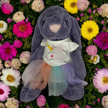 Load image into Gallery viewer, 45cm Bunny | Riley with Unicorn top and rainbow tutu dress
