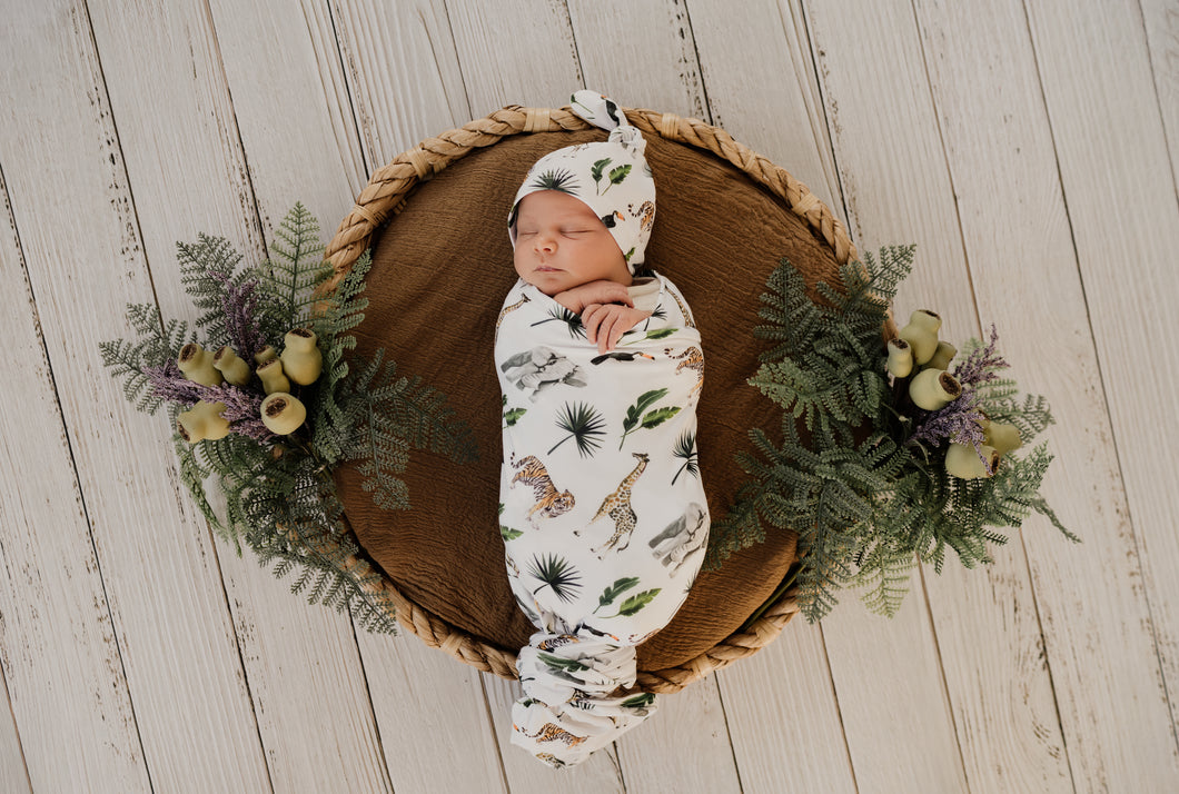 Baby Stretchy Swaddle & Beanie | Safari